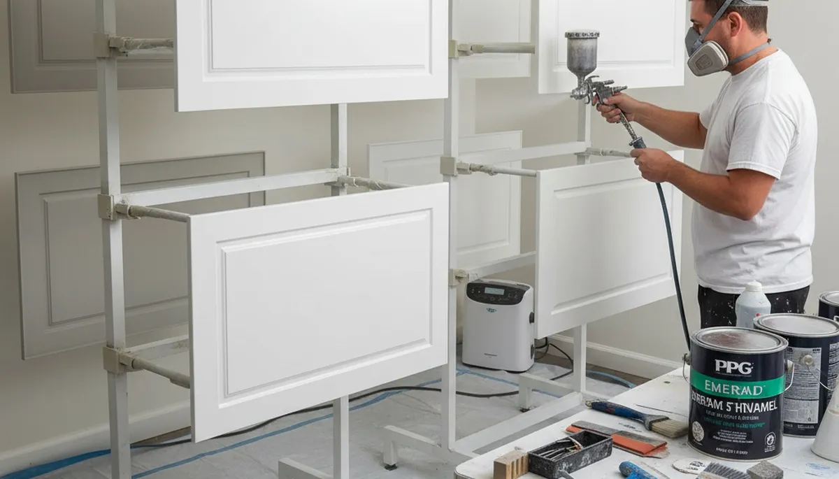 Professional cabinet painting process with spray and brush finish in Oakland, CA kitchen remodel