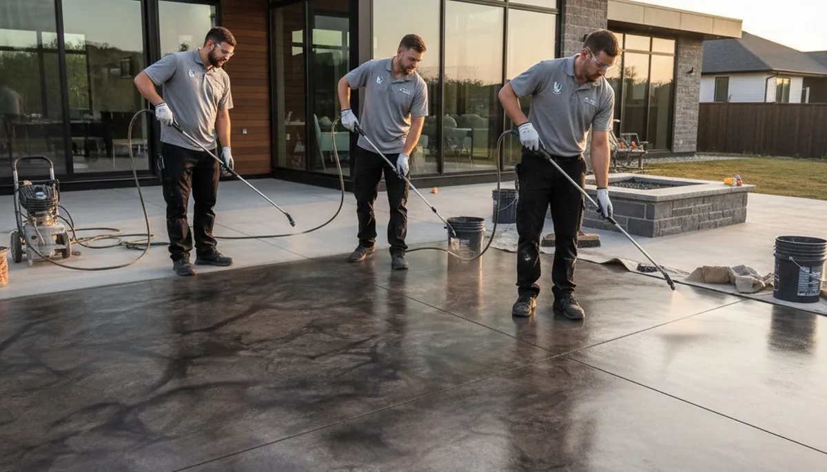 Professional concrete staining on residential patio in Oakland, CA by local house-painting experts