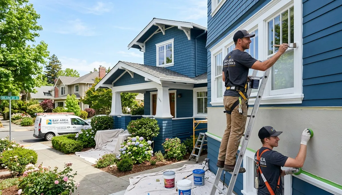 Professional house painters in Oakland CA applying fresh exterior paint to a residential home