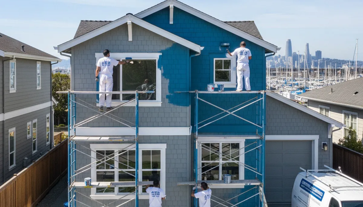 Professional house painters working on residential exterior in Oakland, CA
