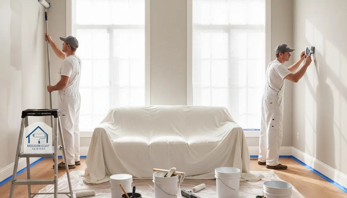 Professional interior house painters finishing a living room in Oakland, CA with modern color accents
