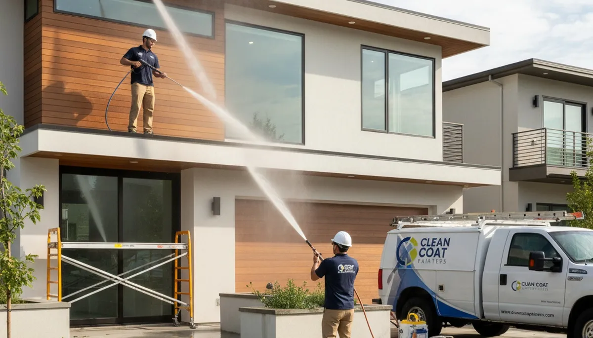 Professional pressure cleaning a home exterior in Oakland, CA by expert house painters