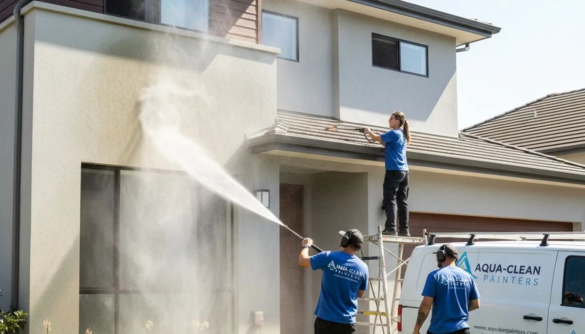 Professional pressure washing on Oakland, CA home exterior removing mildew and grime for fresh paint prep