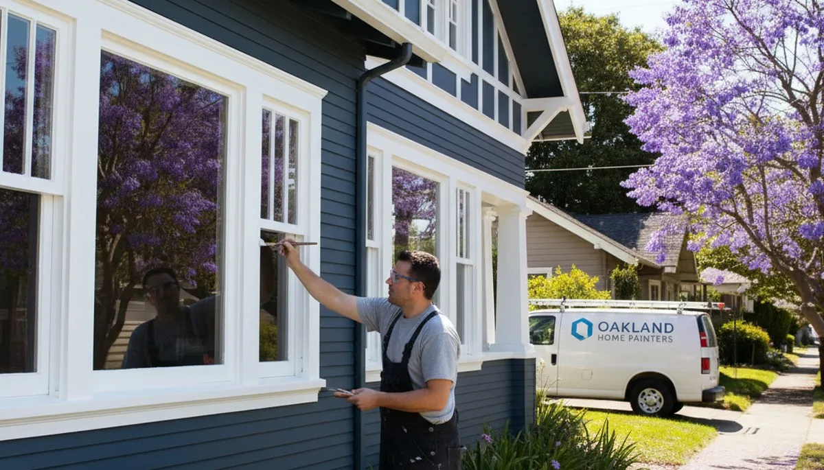 Professional painter applying smooth trim finish on Oakland, CA home exterior for lasting curb appeal